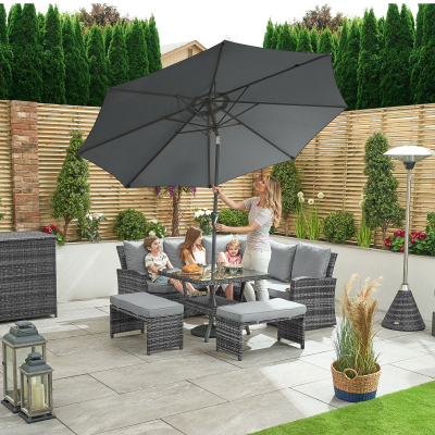 Cambridge Compact Corner Rattan Lounge Dining Set with 2 Stools - Square Parasol Hole Table in Grey Rattan