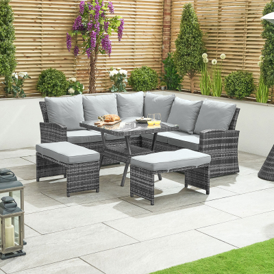 Cambridge Compact Corner Rattan Lounge Dining Set with 2 Stools - Square Parasol Hole Table in Grey Rattan
