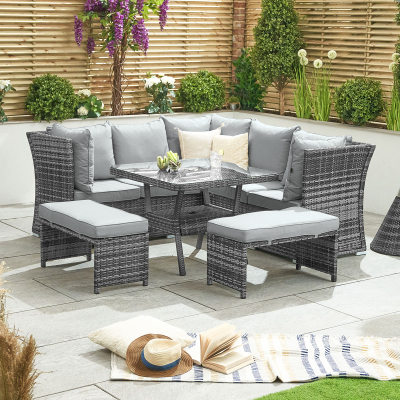 Cambridge Compact Corner Reclining Arms Rattan Lounge Dining Set with 2 Stools - Square Parasol Hole Table in Grey Rattan