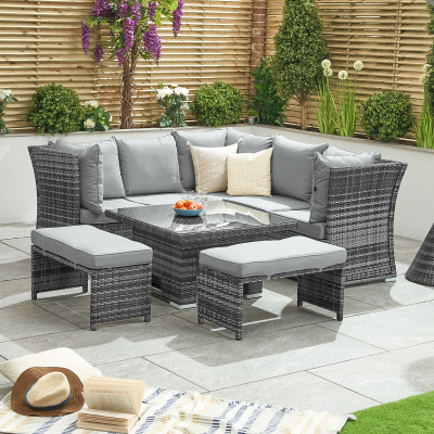 Cambridge Compact Corner Reclining Arms Rattan Lounge Dining Set with 2 Stools - Square Rising Table in Grey Rattan