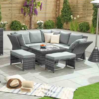 Cambridge Compact Corner Reclining Arms Rattan Lounge Dining Set with 2 Stools - Square Rising Table in Grey Rattan