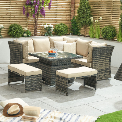 Cambridge Compact Corner Reclining Arms Rattan Lounge Dining Set with 2 Stools - Square Rising Table in Brown Rattan