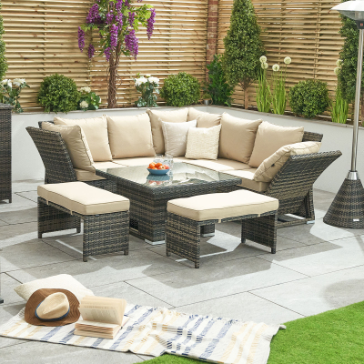 Cambridge Compact Corner Reclining Arms Rattan Lounge Dining Set with 2 Stools - Square Rising Table in Brown Rattan