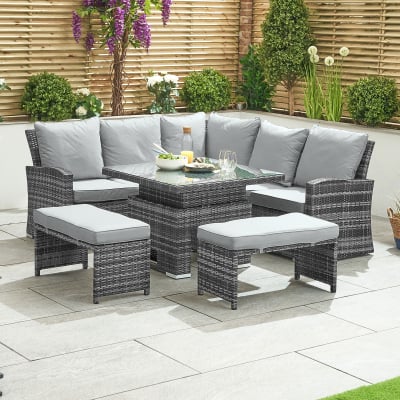 Cambridge Compact Corner Rattan Lounge Dining Set with 2 Stools - Square Rising Table in Grey Rattan