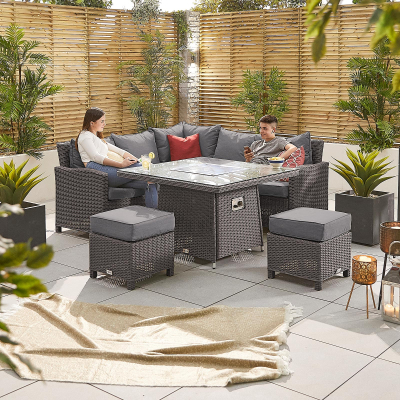Ciara Compact Corner Rattan Lounge Dining Set with 2 Stools - Square Gas Fire Pit Table in Slate Grey