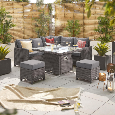 Ciara Compact Corner Rattan Lounge Dining Set with 2 Stools - Square Gas Fire Pit Table in Slate Grey