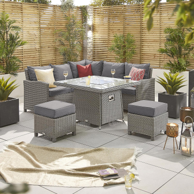 Ciara Compact Corner Rattan Lounge Dining Set with 2 Stools - Square Gas Fire Pit Table in White Wash