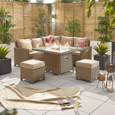 Ciara Compact Corner Rattan Lounge Dining Set with 2 Stools - Square Gas Fire Pit Table in Willow