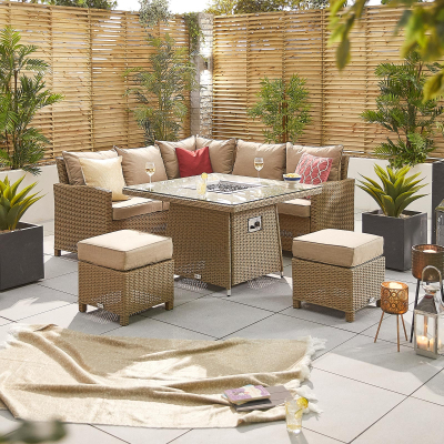 Ciara Compact Corner Rattan Lounge Dining Set with 2 Stools - Square Gas Fire Pit Table in Willow