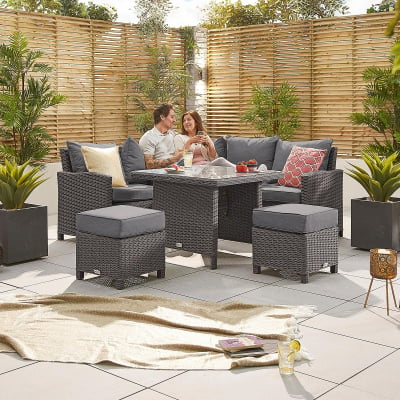Ciara Compact Corner Rattan Lounge Dining Set with 2 Stools - Square Parasol Hole Table in Slate Grey