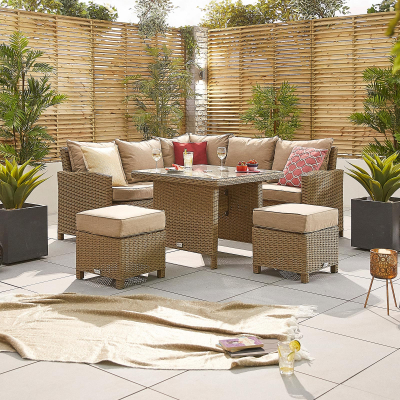 Ciara Compact Corner Rattan Lounge Dining Set with 2 Stools - Square Parasol Hole Table in Willow
