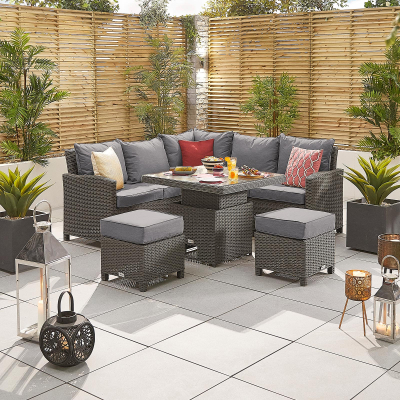 Ciara Compact Corner Rattan Lounge Dining Set with 2 Stools - Square Rising Table in Slate Grey