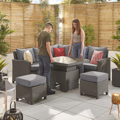 Ciara Compact Corner Rattan Lounge Dining Set with 2 Stools - Square Rising Table in Slate Grey