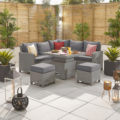 Ciara Compact Corner Rattan Lounge Dining Set with 2 Stools - Square Rising Table in White Wash