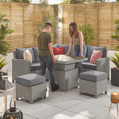 Ciara Compact Corner Rattan Lounge Dining Set with 2 Stools - Square Rising Table in White Wash