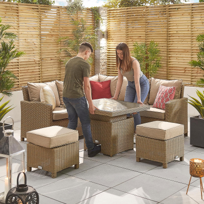 Ciara Compact Corner Rattan Lounge Dining Set with 2 Stools - Square Rising Table in Willow