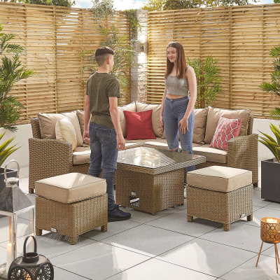 Ciara Compact Corner Rattan Lounge Dining Set with 2 Stools - Square Rising Table in Willow
