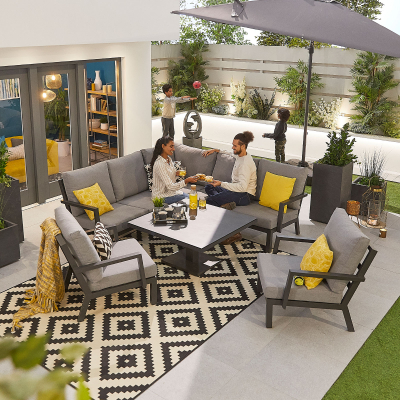 Vogue Compact Corner Aluminium Lounge Dining Set with 2 Armchairs - Square Adjustable Rising Table in Graphite Grey