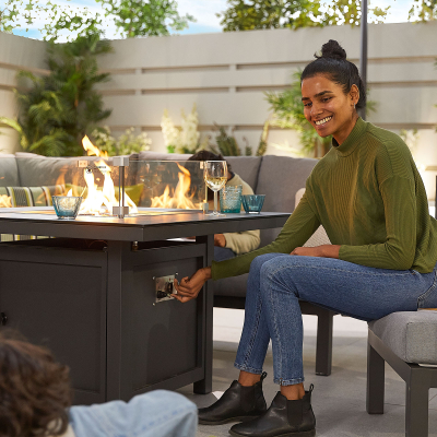 Vogue Compact Corner Aluminium Lounge Dining Set with Armchair - Square Gas Fire Pit Table in Graphite Grey