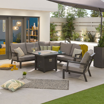 Vogue Compact Corner Aluminium Lounge Dining Set with Armchair - Square Gas Fire Pit Table in Graphite Grey