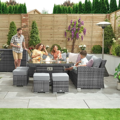 Cambridge Deluxe Corner Rattan Lounge Dining Set with 4 Stools - Square Gas Fire Pit Table in Grey Rattan