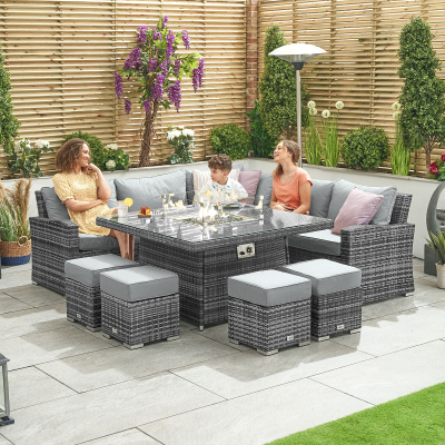 Cambridge Deluxe Corner Rattan Lounge Dining Set with 4 Stools - Square Gas Fire Pit Table in Grey Rattan