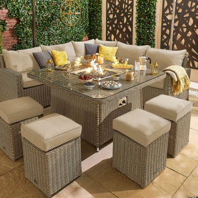 Ciara Deluxe Corner Rattan Lounge Dining Set with 4 Stools - Square Gas Fire Pit Table in Willow