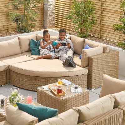 Heritage Hampton Rattan U-Shaped Curved Corner Sofa Lounging Set with Footstools & Side Tables in Willow