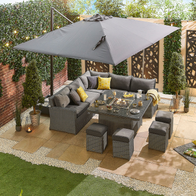 Ciara Deluxe Corner Rattan Lounge Dining Set with 4 Stools - Square Gas Fire Pit Table in Slate Grey