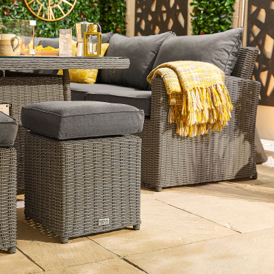 Ciara Deluxe Corner Rattan Lounge Dining Set with 4 Stools - Square Gas Fire Pit Table in Slate Grey