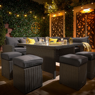 Ciara Deluxe Corner Rattan Lounge Dining Set with 4 Stools - Square Parasol Hole Table in Slate Grey