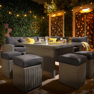 Ciara Deluxe Corner Rattan Lounge Dining Set with 4 Stools - Square Parasol Hole Table in White Wash