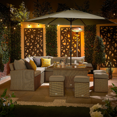 Ciara Deluxe Corner Rattan Lounge Dining Set with 4 Stools - Square Parasol Hole Table in Willow