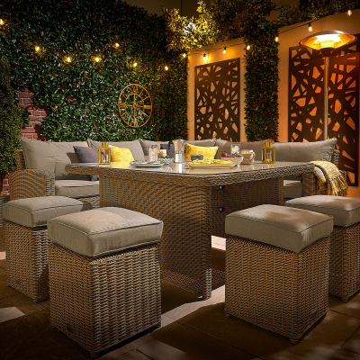 Ciara Deluxe Corner Rattan Lounge Dining Set with 4 Stools - Square Parasol Hole Table in Willow