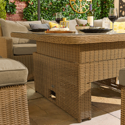 Ciara Deluxe Corner Rattan Lounge Dining Set with 4 Stools - Square Rising Table in Willow