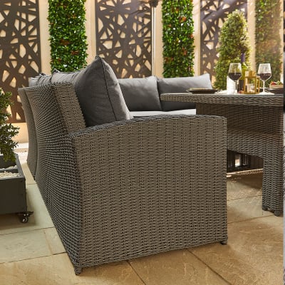 Ciara Deluxe Corner Rattan Lounge Dining Set with 4 Stools - Square Rising Table in Slate Grey