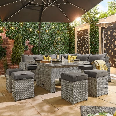 Ciara Deluxe Corner Rattan Lounge Dining Set with 4 Stools - Square Rising Table in White Wash