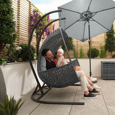 Rattan Double Suspended Lounging Egg Chair in Grey Rattan