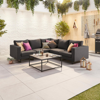 Eden All Weather Fabric Aluminium Corner Sofa Lounging Set with Square Coffee Table & No Armchairs in Charcoal Grey