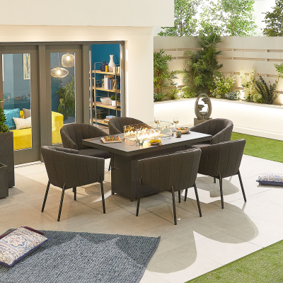 Edge 6 Seat All Weather Fabric Aluminium Dining Set - Rectangular Gas Fire Pit Table in Charcoal Grey
