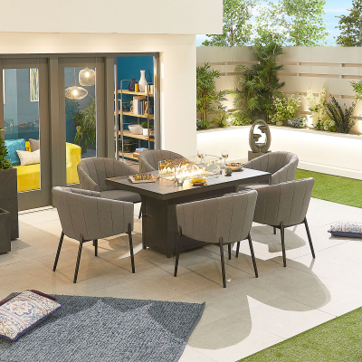 Edge 6 Seat All Weather Fabric Aluminium Dining Set - Rectangular Gas Fire Pit Table in Ash Grey