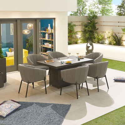 Edge 6 Seat All Weather Fabric Aluminium Dining Set - Rectangular Gas Fire Pit Table in Ash Grey