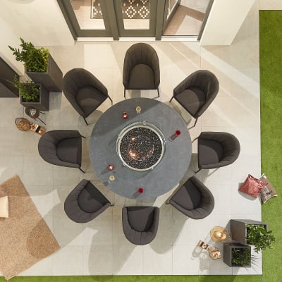 Edge 8 Seat All Weather Fabric Aluminium Dining Set - Round Gas Fire Pit Table in Charcoal Grey
