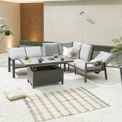Enna L-Shaped Corner Aluminium Lounge Dining Set - Right Handed Rising Table in Graphite Grey