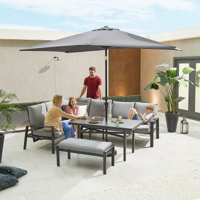 Enna L-Shaped Corner Aluminium Lounge Dining Set with Bench - Left Handed Parasol Hole Table in Graphite Grey