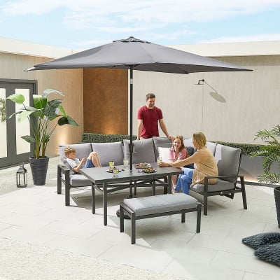 Enna L-Shaped Corner Aluminium Lounge Dining Set with Bench - Right Handed Parasol Hole Table in Graphite Grey