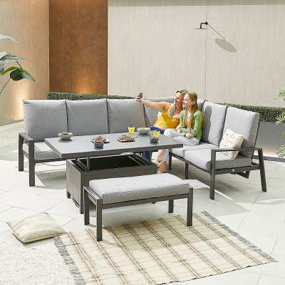 Enna L-Shaped Corner Aluminium Lounge Dining Set with Bench - Right Handed Rising Table in Graphite Grey
