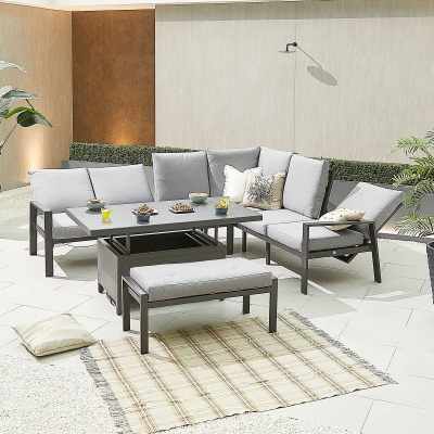 Enna L-Shaped Corner Aluminium Lounge Dining Set with Bench - Right Handed Rising Table in Graphite Grey