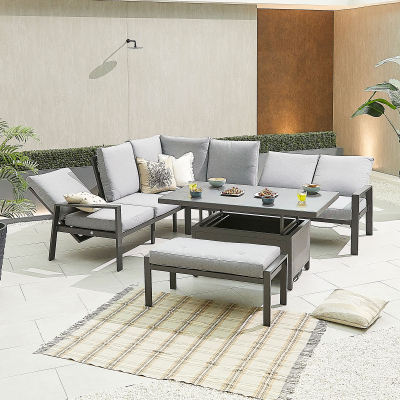 Enna L-Shaped Corner Aluminium Lounge Dining Set with Bench - Left Handed Rising Table in Graphite Grey
