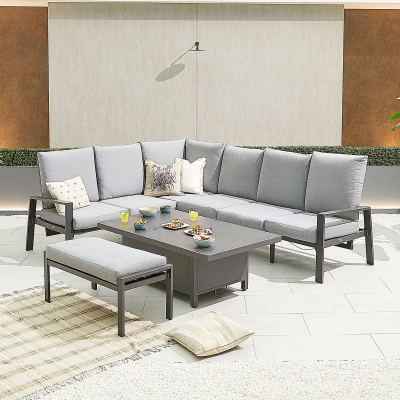 Enna L-Shaped Corner Aluminium Lounge Dining Set with Bench - Left Handed Rising Table in Graphite Grey